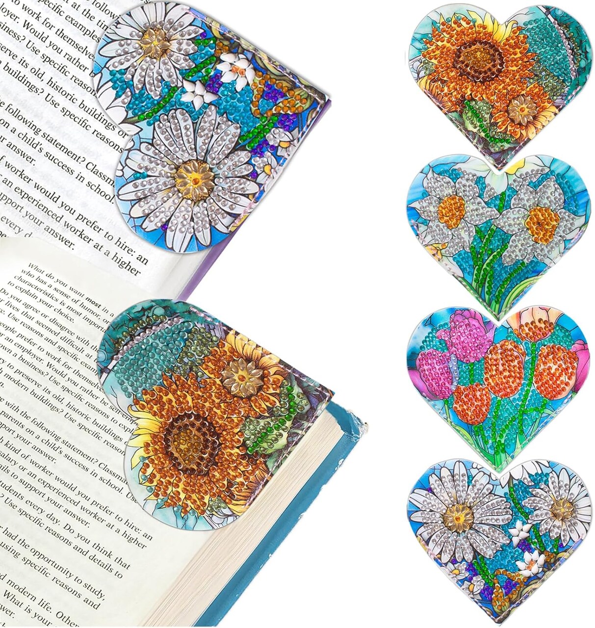 4 Pcs Diamond Painting Bookmarks – DIY Corner Bookmarks for Adults, Heart & Flower Design, Diamond Dot Art Kits for Beginners, Paint by Diamonds Crafts Gift for Women & Girls
